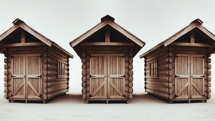 Wooden stall market stand or log cabin house isolated on a white background. Three perspectives. Item made of wood for selling stock.