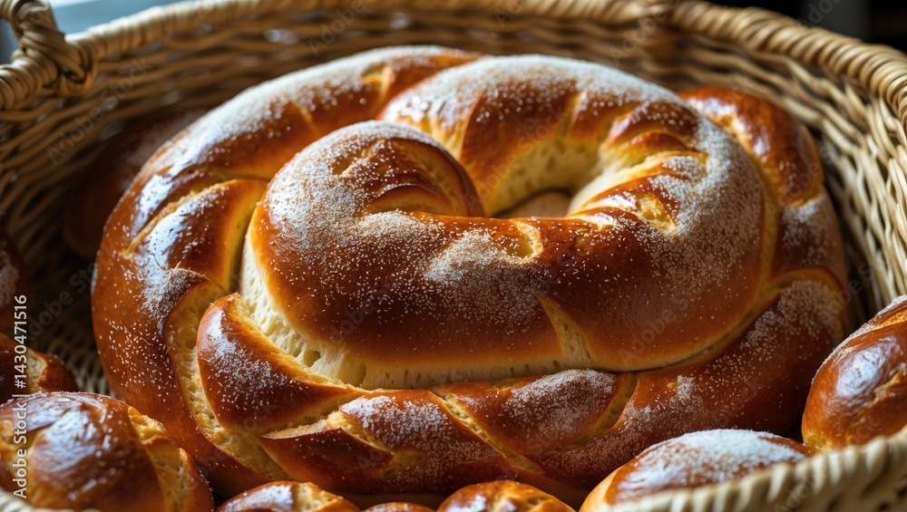 Poster handmade artisan sweet bread with a shiny glaze and sugar topping displayed in a woven basket, entic