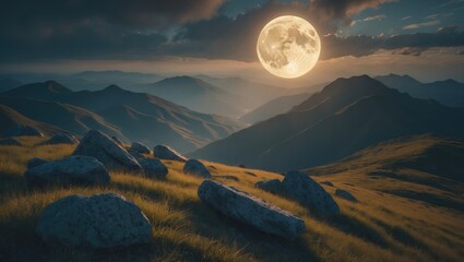 Morning scene of a mountain hillside with stones amidst grass under a cloudy sky