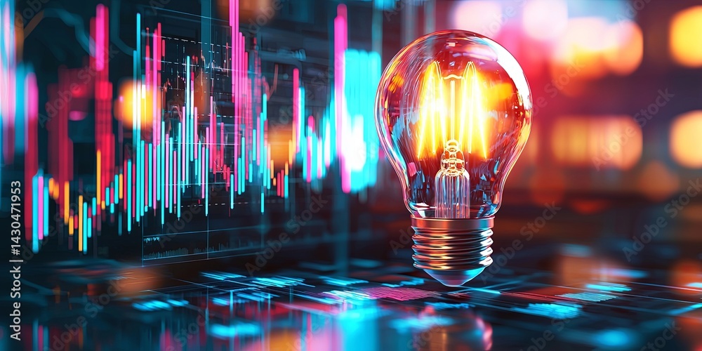 Poster creative light bulb overlaid on abstract background with business sketches and graphs representing i