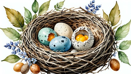 Delicate watercolor illustration of woven bird nest holding colorful speckled eggs surrounded by fresh green leaves and small purple spring flowers on white background. Nature and spring celebration c