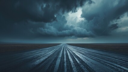 Dark asphalt street with stormy sky background