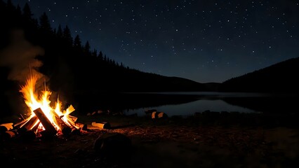 Lonely campfire burning warmly beside calm dark forest lake reflecting soft star-filled night sky surrounded by silhouetted mountains and trees. Nature and wilderness adventure concept
