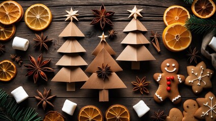 Creative Christmas craft: handmade card with natural recyclable materials and wooden background