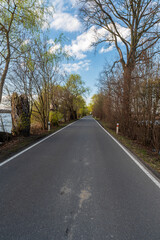 Obraz premium Road between ponds with trees around during springtime evening