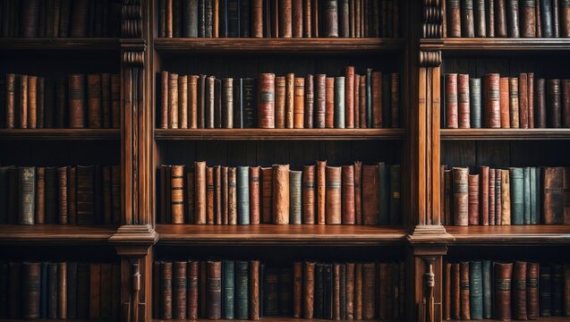 Photographic studio backdrop displaying a university library setting with hardcover books and retro wall texture