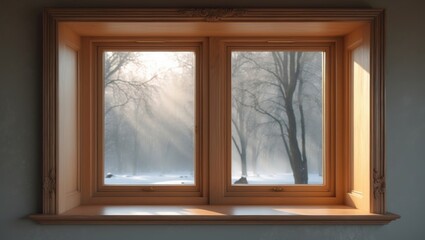 Fototapeta premium Wooden window. Heater radiators. Wide ledge.