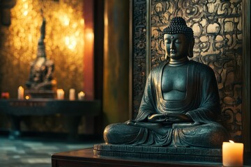 Buddha statue in a serene temple setting with soft candlelight illuminating the surroundings