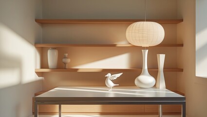 Wooden shelf or rack featuring a wicker basket for storage. Eco-friendly storage with decorative items.