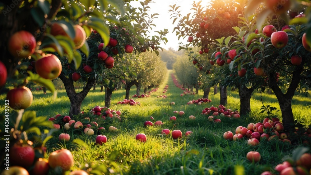 Poster harvest-ready apples on orchard trees in autumn scenery