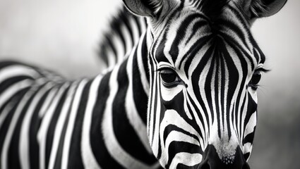 Fototapeta premium Black and White Zebra Portrait with Focused Head and Stripes in Soft Focus