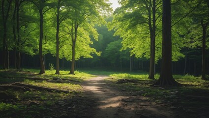 Fototapeta premium Bright green leaves and sunlight filtering through a forest clearing inviting outdoor adventure