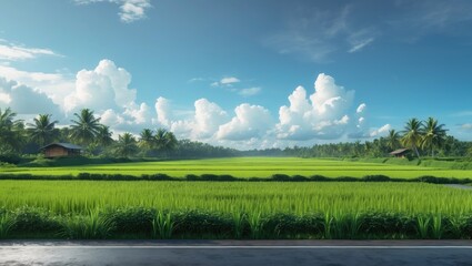 Asphalt Road Running Along a Green Rice Field