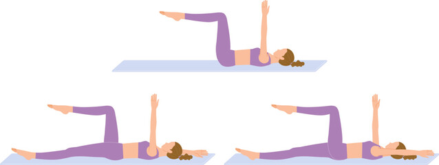 筋トレ：デッドバグをする若い女性のイラストセット（正しいフォーム）