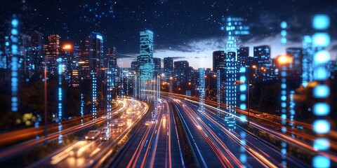 Fototapeta premium Aerial View of Urban Cityscape at Night with Bright Light Trails from Vehicles on Busy Roads and Modern Buildings Underneath a Starry Sky