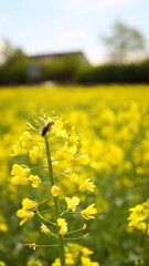 rapeseed field in bloom, rapeseed field, rapeseed flower in hand, bee on the rapeseed flower, past blooms
