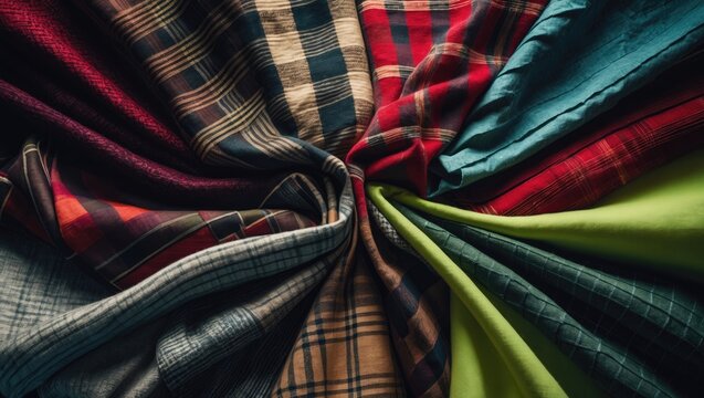 Collection of fabrics featuring checkered patterns on a colorful background