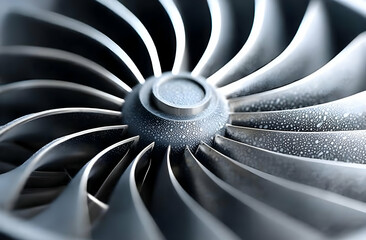 Close-up view of a metallic turbine blade, showcasing intricate details and smooth curves. Perfect for aerospace and engineering-related projects.