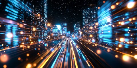 Fototapeta premium Aerial View of Urban Cityscape at Night with Bright Light Trails from Vehicles on Busy Roads and Modern Buildings Underneath a Starry Sky