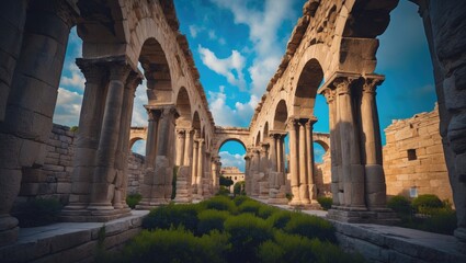 Historic aqueduct fortress in Kavala, Greece with medieval architecture and sea view