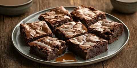 A plate of chocolate chip brownies with golden, crispy edges and a soft, gooey center, served with a drizzle of caramel sauce