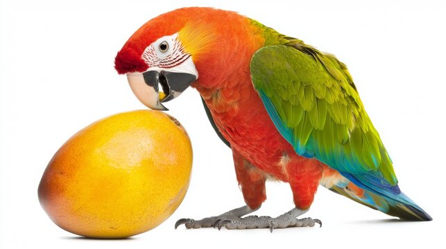 Colorful parrot interacts with a ripe mango in a bright and playful display of nature