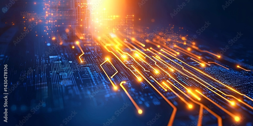 Poster Abstract technology design with glowing lines and arrows on a blue background illustrating movement and innovation in a digital landscape.