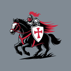 Powerful Medieval Knight on Horseback Graphic Illustration with Shield and Red Cross Emblem