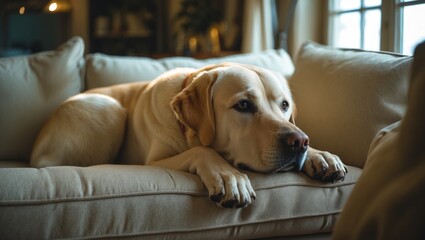 Yellow labrador retriever lounging on a comfortable sofa