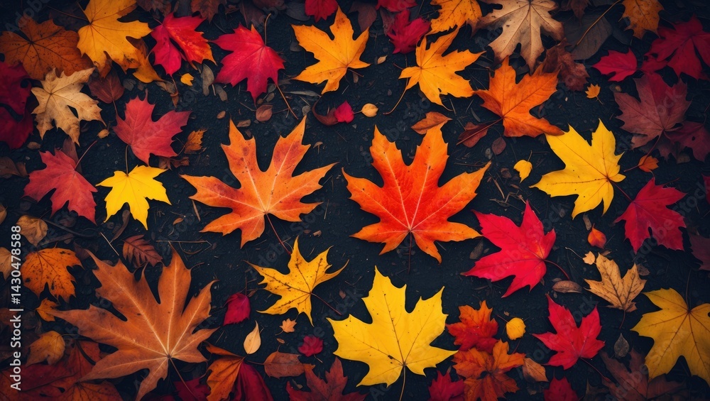 Aufkleber autumn scene featuring dried leaves on textured background from a top-down perspective
