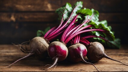 Fresh Young Raw Organic Chioggia Beets Displayed on Wooden Table
