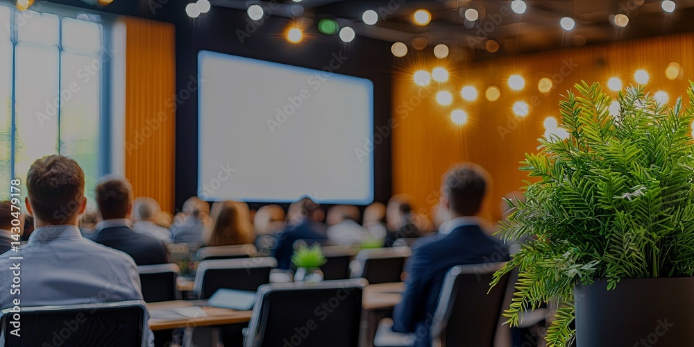 Leinwandbilder audience engaged in presentation at large conference hall with stage and screen displaying visuals f