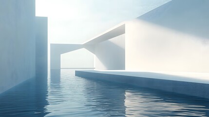 Creative minimalist architecture and water surface 3D rendering