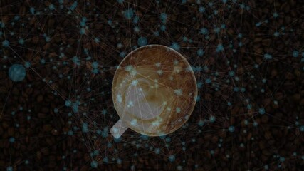 White coffee cup being visualized on dense roasted bean bed, featuring blue node network overlay - Powered by Adobe