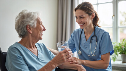 Caring female medical nurse gives water to senior patient showing kindness support and healthcare assistance in nursing home or elderly rehabilitation