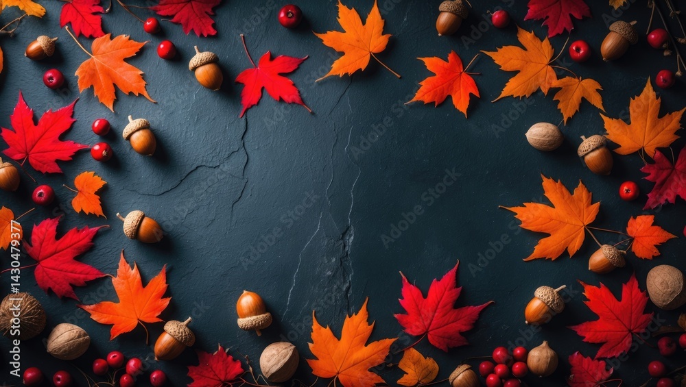Aufkleber autumn-themed background featuring nuts, acorns, and red leaves on a rustic wooden table with space 