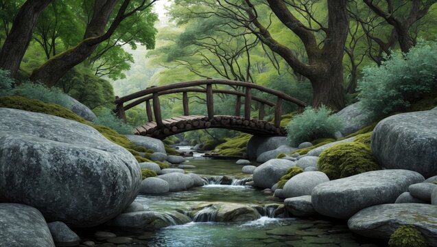 Large grey stones guiding to a wooden bridge amid lush forest trees and bushes