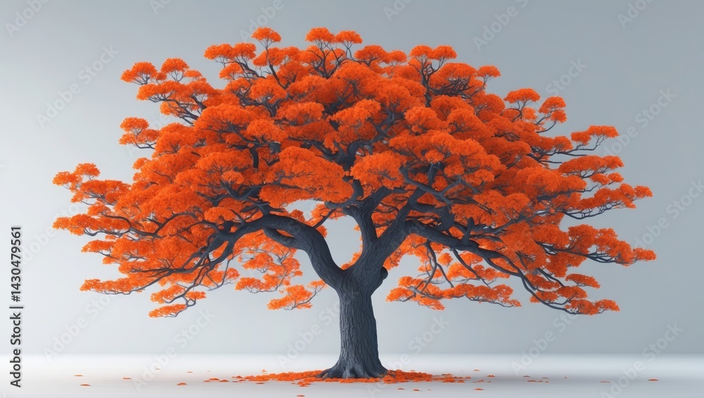 Poster isolated autumn tree with colorful flowers on background