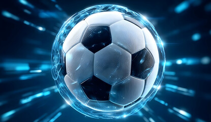Naklejka premium Dynamic and vibrant image of a soccer ball surrounded by glowing effects, representing the excitement and energy of the game. Perfect for sports enthusiasts.