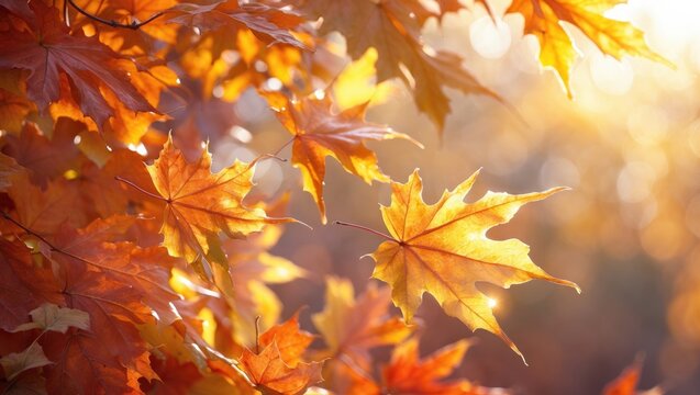 Yellow oak leaves on a tree illuminated by the sun with a natural blurred background.