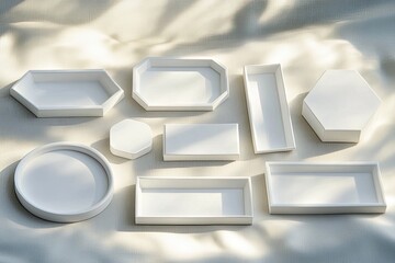White geometric trays on light fabric