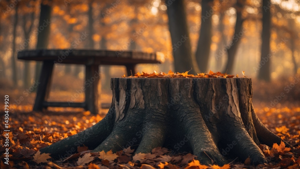Poster Autumn foliage scattered on the ground near a wooden tree trunk table with a forest scenery backdrop.