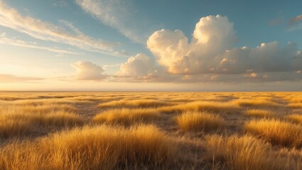Obraz premium Afternoon sunlight over yellow grassland with blue sky and puffy clouds in Albuquerque's scenic landscape