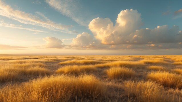 Afternoon sunlight over yellow grassland with blue sky and puffy clouds in Albuquerque's scenic landscape