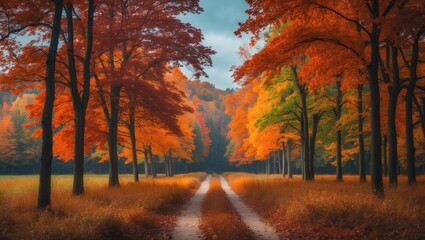 Fall woodland trail with vibrant orange and red maple leaves in a sunny autumn setting