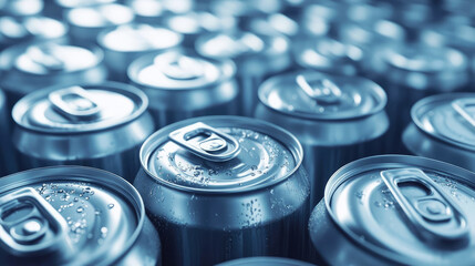 Close-up view of metallic beverage cans stacked together in a modern warehouse setting