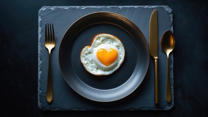 Stylish fried egg featuring a heart-shaped yolk in vintage cookware on dark backdrop