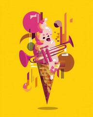 Geometric illustration of ice cream cone with trumpet, summer music festival concept. Perfect for posters, event promotions, and fun designs.