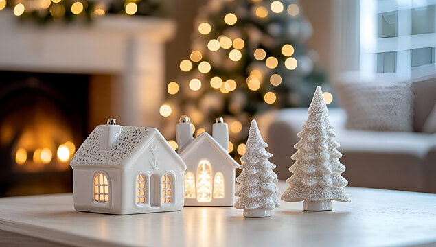 Experience the warmth of the holiday season with charming white decorative houses and trees glowing softly in a cozy, festive living room setting.