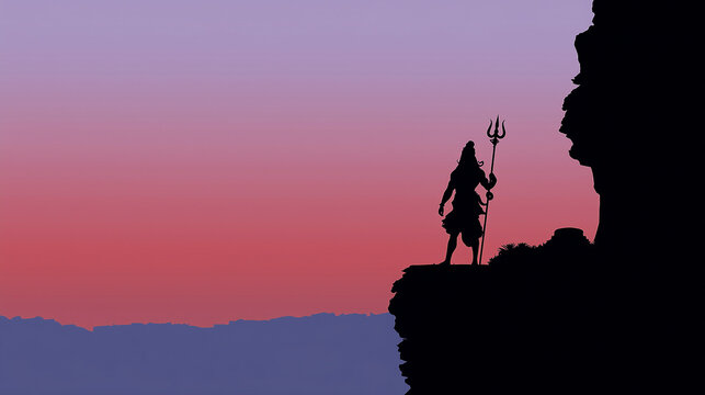 silhouette of Lord Shiva holding a trident on a cliff with a twilight background, red to purple sky gradation